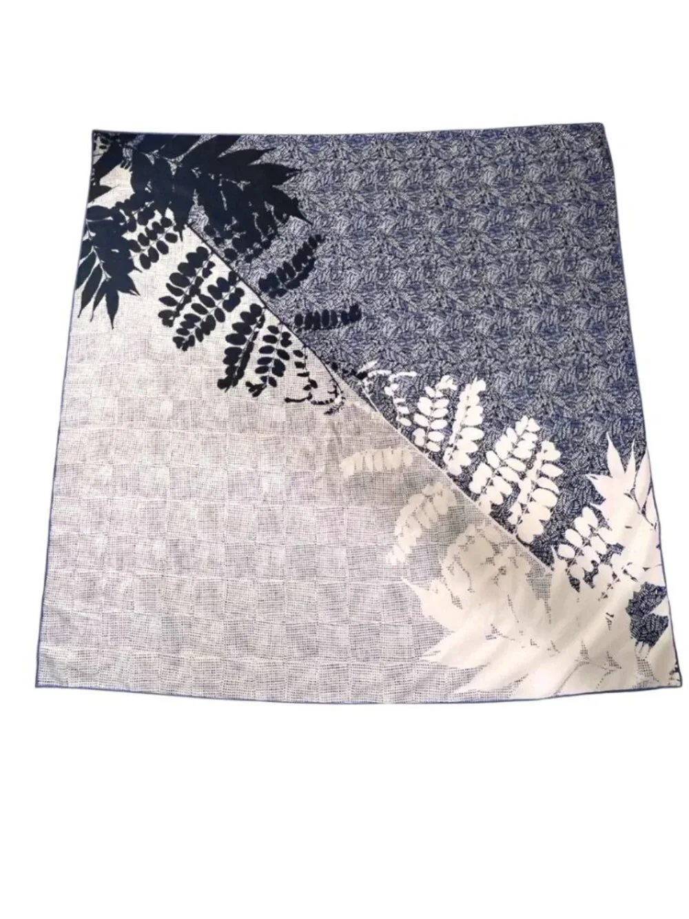 Large Striking Silky Blue & Ivory Floral Botantical Leaf Scarf - 35
